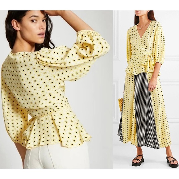 GANNI Daisy Print Crepe Puff Sleeve V-Neck Tie Waist Ruffle Peplum Wrap Top S - Picture 2 of 10